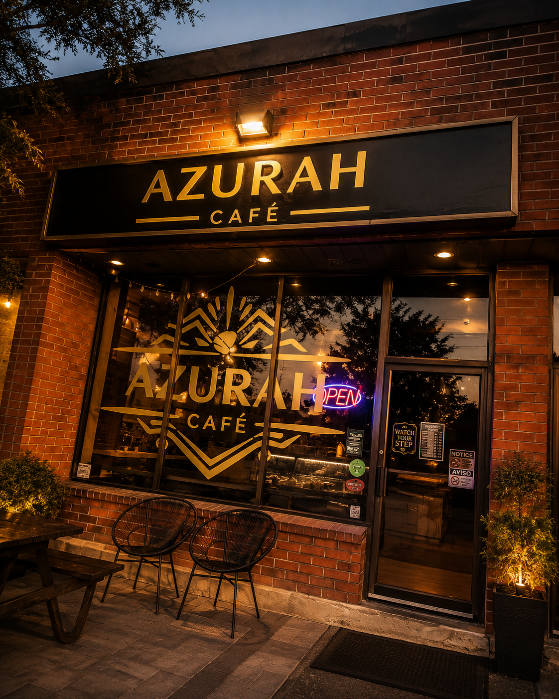 Azurah Café storefront at dusk with glowing gold signage